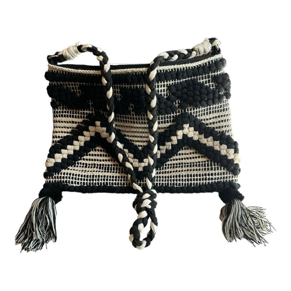 AMERICA & BEYOND Women's Woven Fringe Crossbody Bag Purse Black/White